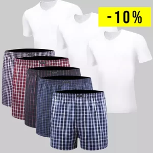 3 Hvide T-Shirts og 5 Vævede Boxershorts